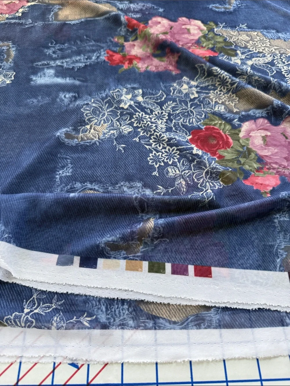 Y2K Denim Rose Lace Print Stretch Mesh Fabric 4 Yards 54” Semi Sheer